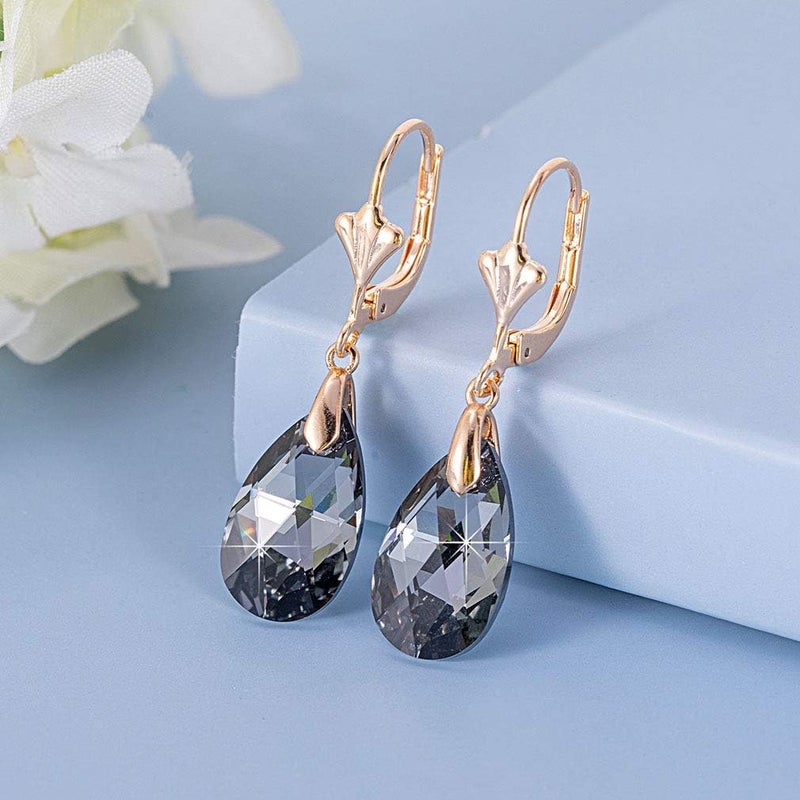 EVEVIC Austrian Crystal Teardrop Leverback Dangle Earrings for Women Fashion 14K Gold Plated Hypoallergenic Jewelry (Black) - Image 3